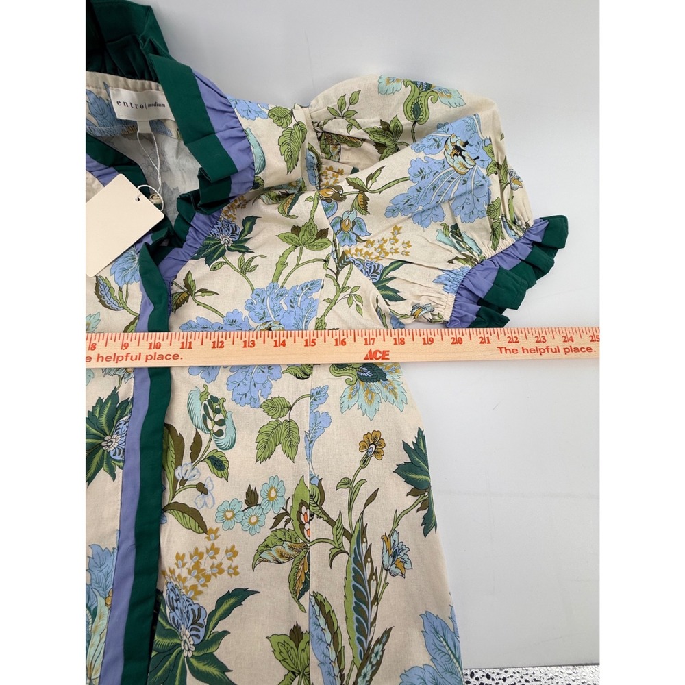 Entro Floral Puff Sleeve Ruffle V-Neck Cotton Blouse Top Blue Green Medium - Picture 4 of 6